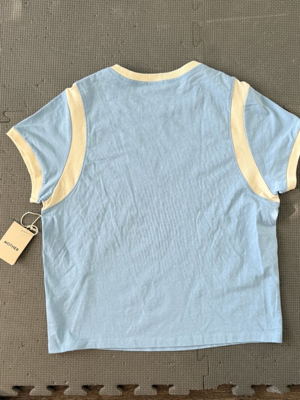 NWT MOTHER The Boxy GoodieInset Tee -Mother Script- L- Baby Blue/Red/White - Picture 11 of 12